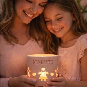 Pink Ceramic Mother Candle‎ Holder Votive Cutout Hearts Children Gifts Decor